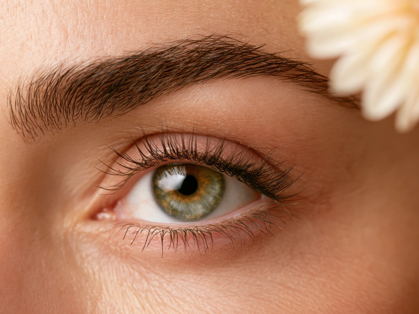  macro shot of a womans eye with a groomed eyebrow